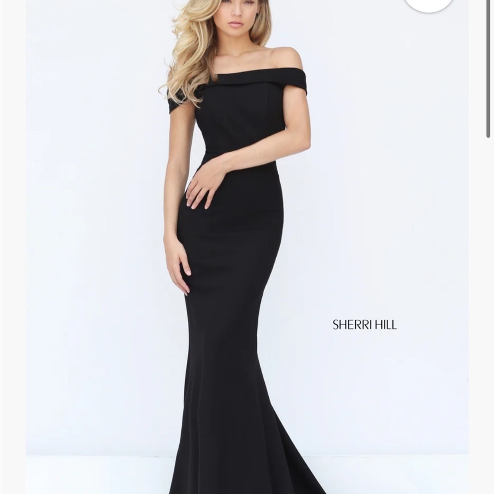 Sherri Hill Elegant Navy Off-Shoulder Gown